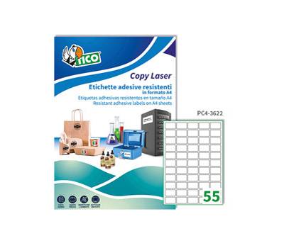 Etichetta in poliestere PC4 - stampanti laser - permanente - 36 x 22 mm - 55 etichette per foglio - trasparenti - conf. 100 fogli A4 - Tico - PC4-3622 - 8007827243032 - DMwebShop