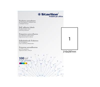 Etichetta adesiva in carta permanente 210 x 297 mm 1 etichetta per foglio bianco conf 100 fogli A4 Starline X210ODC503 - 4867