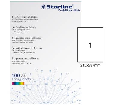 Etichetta adesiva in carta permanente 210 x 297 mm 1 etichetta per foglio bianco conf 100 fogli A4 Starline X210ODC503 - 4867