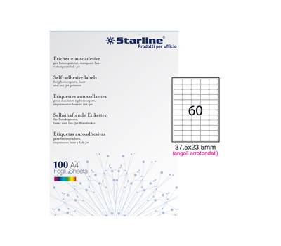 Etichetta adesiva permanente 37,5 x 23,5 mm angoli tondi 60 etichette per foglio bianco conf 100 fogli A4 Starline X210ODA402 - 2272 Etichetta adesiva permanente 37,5 x 23,5 mm angoli tondi 60 etichette per foglio bianco conf 100 fogli A4 Starline X210ODA402 - 2272