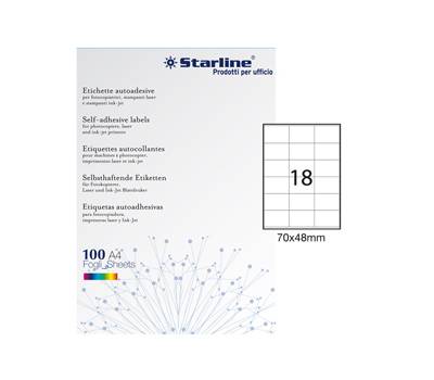 Etichetta adesiva - carta - permanente - 70 x 48 mm - 18 etichette per foglio - bianco - conf. 100 fogli A4 - Starline - X210ODC517 - 8025133013750 - DMwebShop
