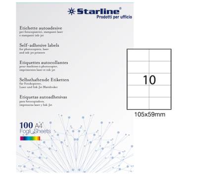 Etichetta adesiva - carta - permanente - 105 x 59 mm - 10 etichette per foglio - bianco - conf. 100 fogli A4 - Starline - X210ODC507 - 8025133013804 - DMwebShop