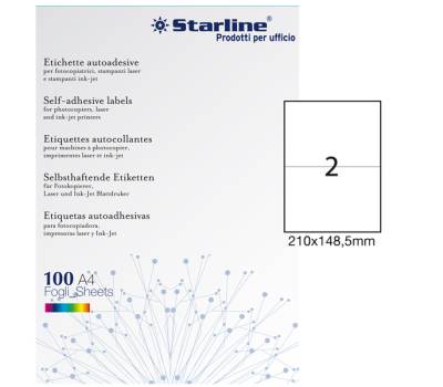 Etichetta adesiva - carta - permanente - 210 x 148,5 mm - 2 etichette per foglio - bianco - conf. 100 fogli A4 - Starline - X210ODC509 - 8025133013910 - DMwebShop