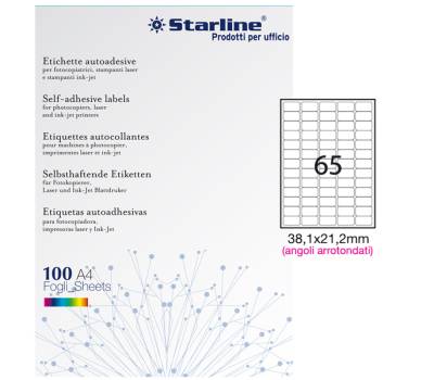 Etichetta adesiva - permanente - 38,1 x 21,2 mm - angoli tondi - 65 etichette per foglio - bianco - conf. 100 fogli A4 - Starline X210ODA400 - 8025133024374 - DMwebShop
