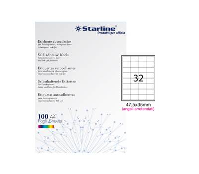 Etichetta adesiva - permanente - 47,5 x 35 mm - angoli tondi - 32 etichette per foglio - bianco - conf. 100 fogli A4 - Starline - X210ODA407 - 8025133024497 - DMwebShop
