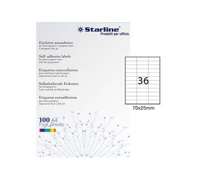 Etichetta adesiva - in carta - permanente - 70 x 25 mm - 36 etichette per foglio - bianco - conf. 100 fogli A4 - Starline - X210ODC506 - 8025133024510 - DMwebShop Etichetta adesiva - in carta - permanente - 70 x 25 mm - 36 etichette per foglio - bianco - conf. 100 fogli A4 - Starline - X210ODC506 - 8025133024510 - DMwebShop