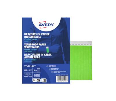 Braccialetti identificativi - in Tyvek - verde fluo - 265 x 19 mm - 50 fogli - 10 etichette per foglio - Conf. 500 pezzi - Avery - TYVGN-50 - 5014702149504 - DMwebShop