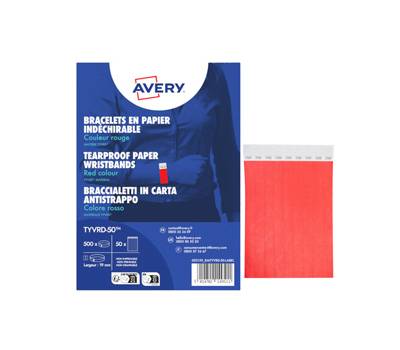 Braccialetti identificativi - in Tyvek - rosso fluo - 265 x 19 mm - 50 fogli - 10 etichette per foglio - Conf. 500 pezzi - Avery - TYVRD-50 - 5014702149511 - DMwebShop