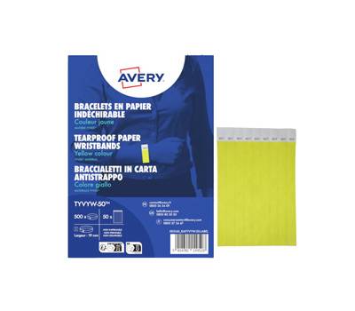 Braccialetti identificativi - in Tyvek - giallo fluo - 265 x 19 mm - 50 fogli - 10 etichette per foglio - Conf. 500 pezzi - Avery - TYVYW-50 - 5014702149528 - DMwebShop