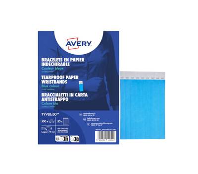 Braccialetti identificativi - in Tyvek - blu fluo - 265 x 19 mm - 50 fogli - 10 etichette per foglio - Conf. 500 pezzi - Avery - TYVBL-50 - 5014702149542 - DMwebShop