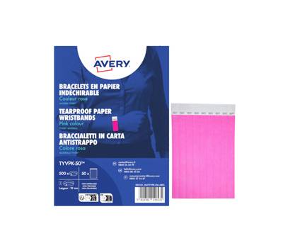 Braccialetti identificativi - in Tyvek - rosa fluo - 265 x 19 mm - 50 fogli - 10 etichette per foglio - Conf. 500 pezzi - Avery - TYVPK-50 - 5014702149535 - DMwebShop