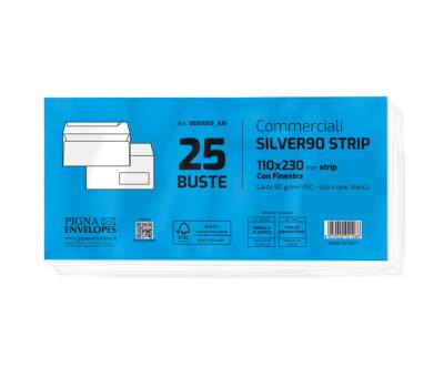 Busta silver90 strip FSC - bianca - internografata - con finestra - 110 x 230 mm - 90 gr - conf. 25 pezzi - Pigna - 0593059AM - 8059020921088 - DMwebShop - 1