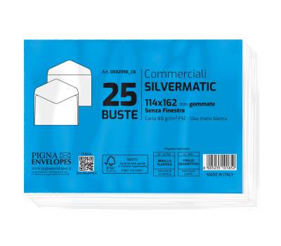 Busta Silver Matic FSC - senza finestra - gommata - 114 x 162 mm - 80 gr - bianco - conf. 25 pezzi - Pigna - 0592998C6 - 8005235101852 - DMwebShop - 1