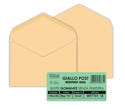 Busta GIALLO POSTALE gommata gialla carta riciclata FSC - 180 x 240 mm - 80 gr - conf. 25 pezzi - Pigna - 009776918 - 8005235016811 - DMwebShop