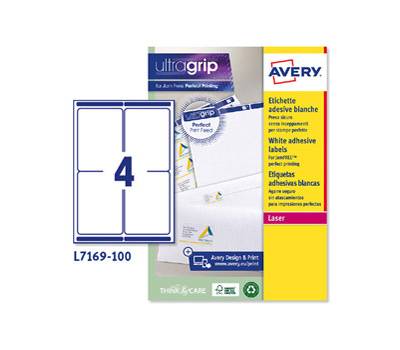 Etichetta adesiva L7169 - permanente - 99,1 x 139 mm - 4 etichette per foglio - bianco - conf. 100 fogli A4 - Avery - L7169-100 - 5014702004391 - DMwebShop