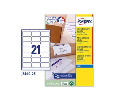 Etichetta adesiva J8160 - permanente - 63,5 x 38,1 mm - 21 etichetta per foglio - bianco - conf. 25 fogli A4 - Avery - J8160-25 - 5014702109027 - DMwebShop