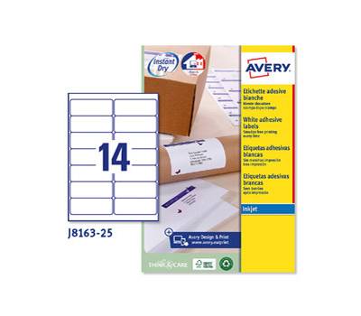 Etichetta adesiva J8163 - permanente - 99,1 x 38,1 mm - 14 etichette per foglio - bianco - conf. 25 fogli A4 - Avery - J8163-25 - 5014702109058 - DMwebShop