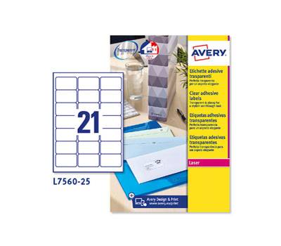 Etichetta in poliestere L7560 - permanente - 63,5 x 38,1 mm - 21 etic. Per foglio - trasparente - conf. 25 fogli A4 - Avery - L7560-25 - 5014702177767 - DMwebShop