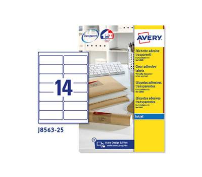 Etichette adesive J8563 in poliestere inkjet permanenti 99,1 x 38 - 1 mm 14 etichette per foglio 25 fogli trasparente Avery - 12628