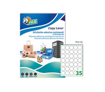 Etichette adesive tonde PC4 in poliestere laser permanenti diametro 36 mm 35 etichette per foglio 100 fogli trasparente PC4 36 - 11783