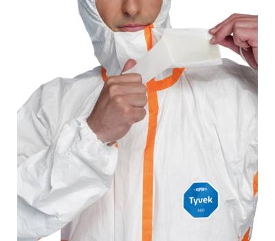 Tuta Tyvek 800J - con nastrature arancioni - taglia L - bianco - Dupont - TY390.59.01-L - 5450208013053 - DMwebShop - 1