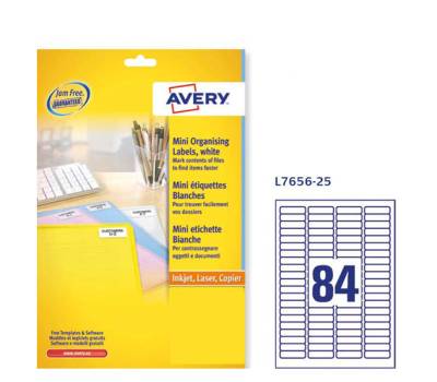Etichette adesive L7656 - bianche - A4 - 46 x 11,1 mm - 84 etichette per foglio - inkjet-laser - conf. 25 fogli - Avery - L7656-25 - 5014702005435 - DMwebShop - 1