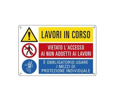 Cartello segnalatore multisimbolo - 50 x 33,3 cm - LAVORI IN CORSO/VIETATO L'ACCESSO/E' OBBLIGATORIO - alluminio - E2948 - 8798310072948 - DMwebShop
