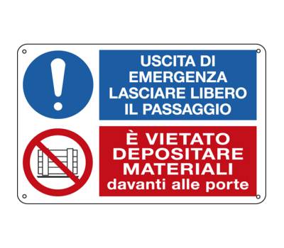 Cartello segnalatore multisimbolo - 30 x 20 cm - USCITA DI EMERGENZA/E' VIETATO DEPOSITARE - alluminio - Cartelli Segnalatori - E3541 - 8798330083542 - DMwebShop