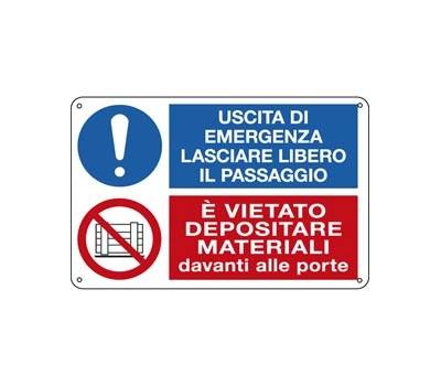 Cartello segnalatore multisimbolo - 30 x 20 cm - USCITA DI EMERGENZA/E' VIETATO DEPOSITARE - alluminio - Cartelli Segnalatori - E3541 - 8798330083542 - DMwebShop