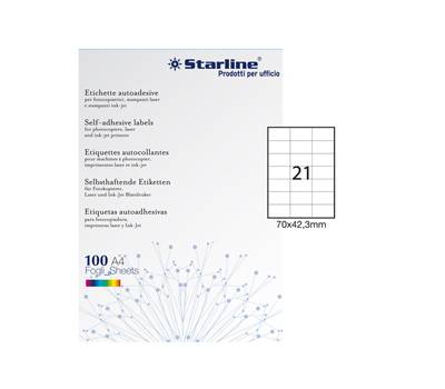 Etichetta adesiva - permanente - 70 x 42,3 mm - 21 etichette per foglio - bianco - conf. 100 fogli A4 - Starline - X210ODC521 - 8025133013743 - DMwebShop