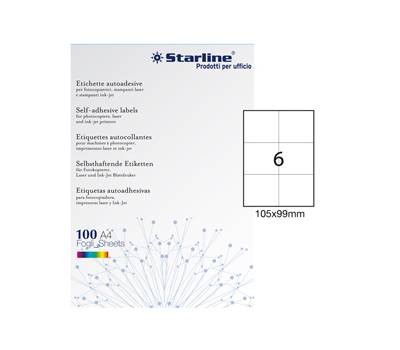 Etichetta adesiva - permanente - 105 x 99 mm - 6 etichette per foglio - bianco - conf. 100 fogli A4 - Starline - X210ODC540 - 8008842556473 - DMwebShop