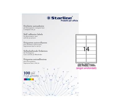 Etichetta adesiva - bianco - 99,1 x 38,1 mm - angoli tondi - 14 etichette per foglio - conf. 100 fogli A4 - Starline - X210ODA440 - 8025133013934 - DMwebShop