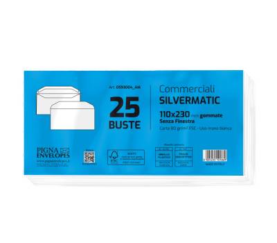 Busta Silver Matic FSC - senza finestra - gommata - 11 x 23 cm - 80 gr - bianco - conf. 25 pezzi - Pigna - 0593004AM - 8005235101869 - DMwebShop - 1