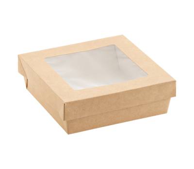 Scatola da asporto - con finestra trasparente - 14 x 14 x 5 cm - carta kraft-PE - avana - conf. 25 pezzi - Leone - H0717 - 8024112002471 - DMwebShop - 1