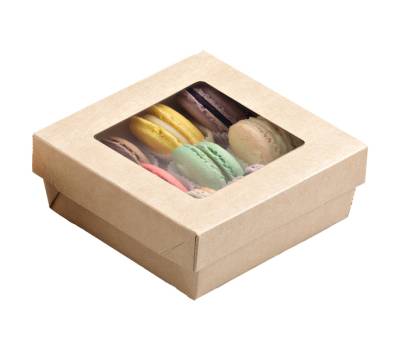 Scatola da asporto - con finestra trasparente - 14 x 14 x 5 cm - carta kraft-PE - avana - conf. 25 pezzi - Leone - H0717 - 8024112002471 - DMwebShop - 2