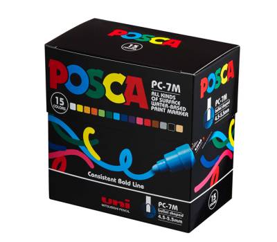 Astuccio marcatore Uni Posca PC7M - punta tonda large 4,5 - 5,5 mm - colori assortiti - conf. 15 pezzi - Uni Mitsubishi - M PC7M 15C - 4902778228869 - DMwebShop - 1