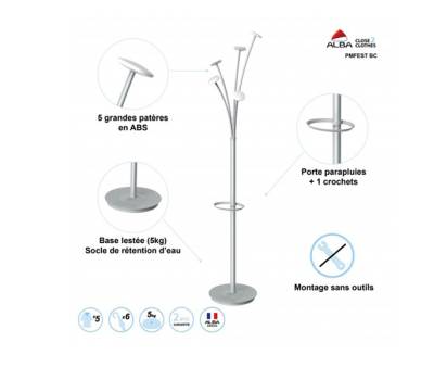 Appendiabiti con portaombrelli - 5 posti - 187 x 38 cm - bianco - Alba - PMFESTY2-BC - 3129710017096 - DMwebShop - 3