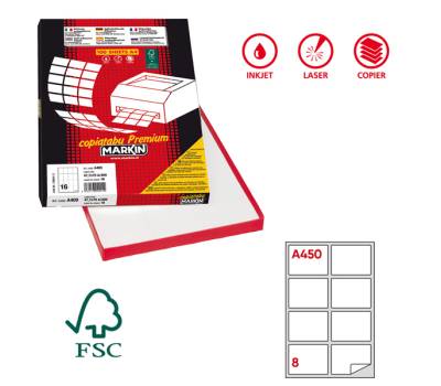 Etichetta adesiva A450 - carta - permanente - 99,1 x 67,7 mm - 8 etichette per foglio - bianco - scatola 100 fogli A4 - Markin - X210A450 - 8007047021007 - DMwebShop