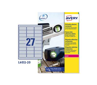 Etichetta in poliestere L6011 - permanente - 63,5 x 29,6 mm - 27 etic. per foglio - argento - conf. 20 fogli A4 - Avery - L6011-20 - 4004182144275 - DMwebShop