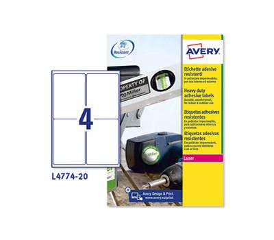 Etichetta in poliestere L4774 - permanente - 99,1 x 139 mm - 4 etic. per foglio - bianco - conf. 20 fogli A4 - Avery - L4774-20 - 5014702106354 - DMwebShop