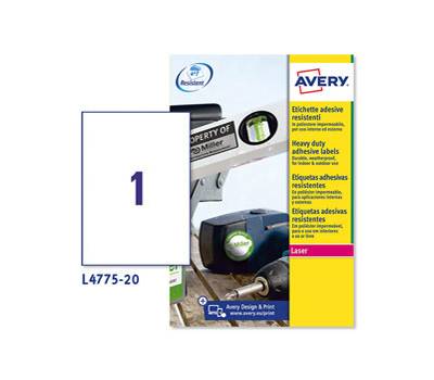 Etichetta in poliestere L4775 - permanente - 210 x 297 mm - 1 etic. Per foglio - bianco - conf. 20 fogli A4 - Avery - L4775-20 - 5014702109225 - DMwebShop