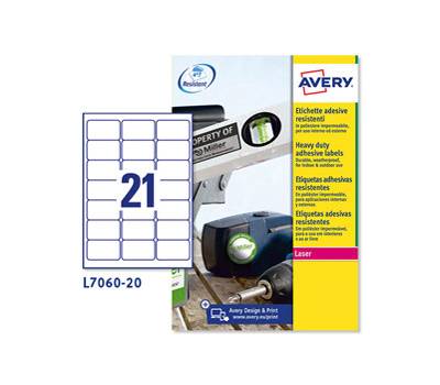 Etichetta in poliestere L7060 - permanente - 63,5 x 38,1 mm - 21 etic. per foglio - bianco - conf. 20 fogli A4 - Avery - L7060-20 - 5014702109256 - DMwebShop