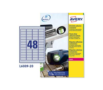 Etichetta in poliestere L6009 - permanente - 45,7 x 21,2 mm - 48 etic. per foglio - argento - conf. 20 fogli A4 - Avery - L6009-20 - 4004182144268 - DMwebShop