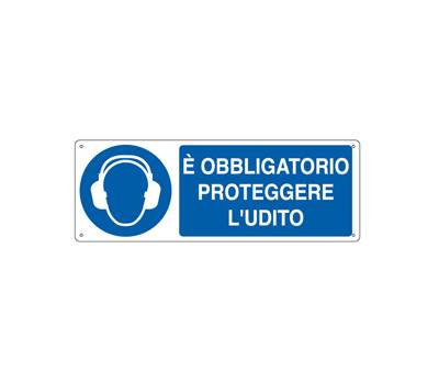 Cartello segnalatore - 35 x 12,5 cm - E' OBBLIGATORIO PROTEGGERE L'UDITO - alluminio - Cartelli Segnalatori - E1906K - 8798170619062 - DMwebShop