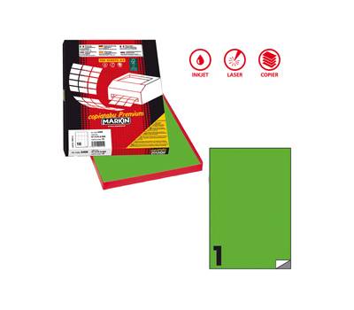 Etichetta adesiva C503 - permanente - 210 x 297 mm - 1 etichetta per foglio - verde fluo - scatola 100 fogli A4 - Markin - X210C503F-VE - 8007047051028 - DMwebShop