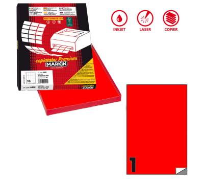 Etichetta adesiva C503 - permanente - 210 x 297 mm - 1 etichetta per foglio - rosso fluo - scatola 100 fogli A4 - Markin - X210C503F-RO - 8007047051035 - DMwebShop