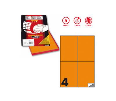 Etichetta adesiva C519 - permanente - 105 x 148,5 mm - 4 etichette per foglio - arancio fluo - scatola 100 fogli A4 - Markin - X210C519F-AR - 8007047051134 - DMwebShop