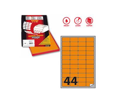 Etichetta adesiva A406 - permanente - 47,5 x 25,5 mm - 44 etichette per foglio - arancio fluo - scatola 100 fogli A4 - Markin - X210A406F-AR - 8007047051219 - DMwebShop