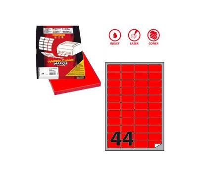 Etichetta adesiva A406 - permanente - 47,5 x 25,5 mm - 44 etichette per foglio - rosso fluo - scatola 100 fogli A4 - Markin - X210A406F-RO - 8007047051233 - DMwebShop