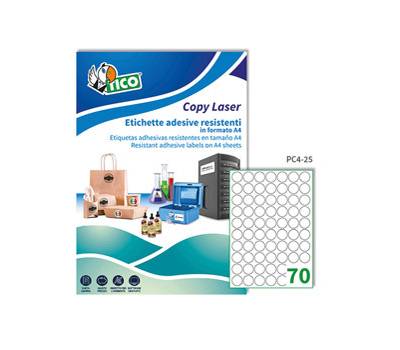 Etichette adesive tonde PC4 in poliestere laser permanenti diametro 25 mm 70 etichette per foglio 100 fogli trasparente PC4 - 7228
